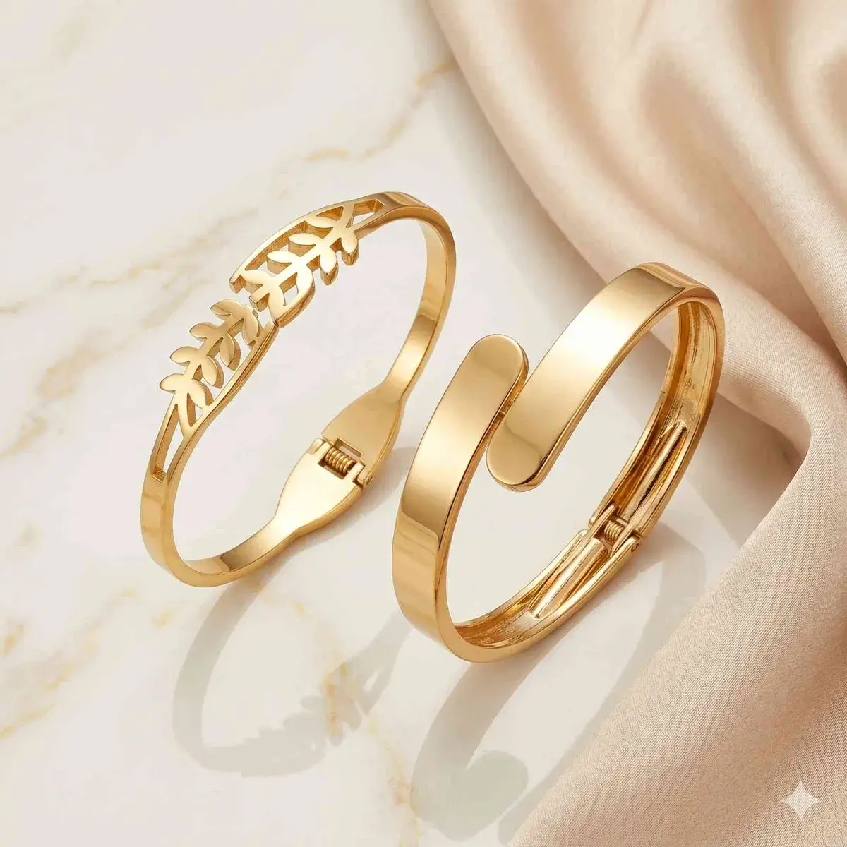 Rose Gold Minimal Open Cuff Bracelet and Golden Leaf Designer Bracelet