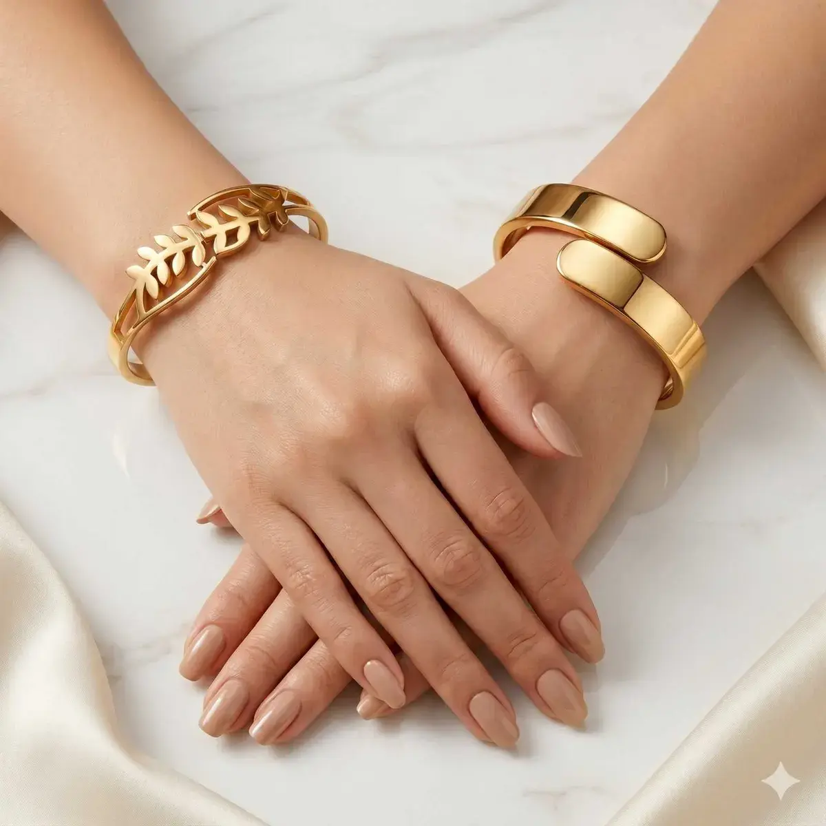 Rose Gold Minimal Open Cuff Bracelet and Golden Leaf Designer Bracelet
